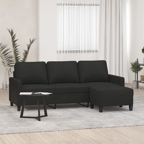 vidaXL Sof&aacute; de 3 plazas con taburete de tela negro 180 cm