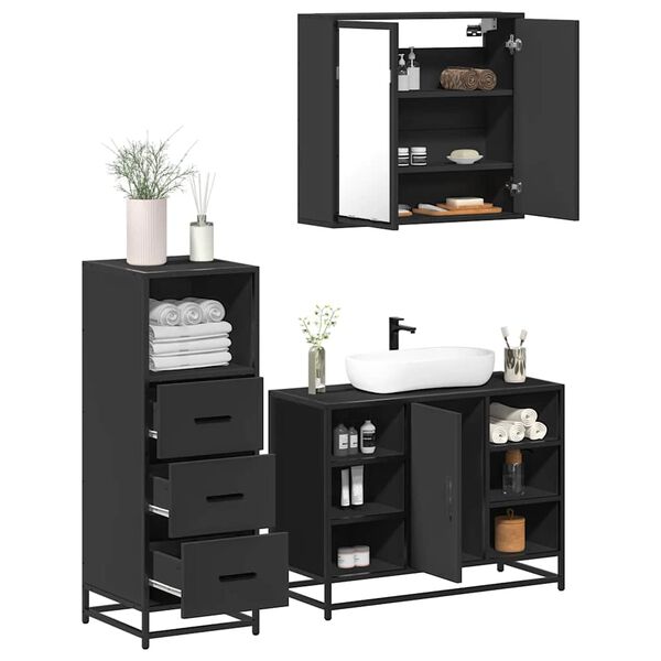 vidaXL Juego de muebles de ba&ntilde;o 3 pzas madera contrachapada negro