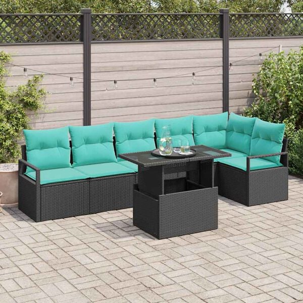 vidaXL Conjunto de sof&aacute; de jard&iacute;n 7 pcs Negro y azul rat&aacute;n sint&eacute;tico