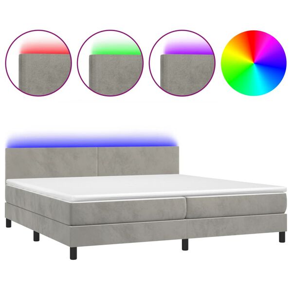 vidaXL Cama box spring colch&oacute;n y LED terciopelo gris claro 200x200 cm