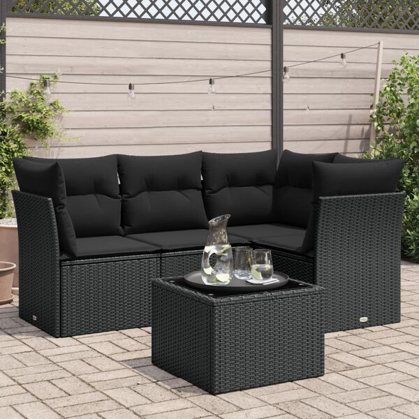 vidaXL Set de muebles de jard&iacute;n 5 pzas y cojines rat&aacute;n sint&eacute;tico negro