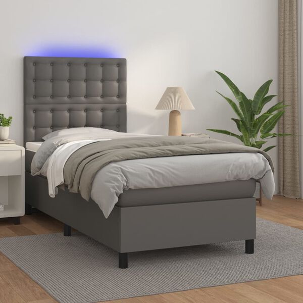 vidaXL Cama box spring y colchón LED cuero sintético gris 90x190 cm