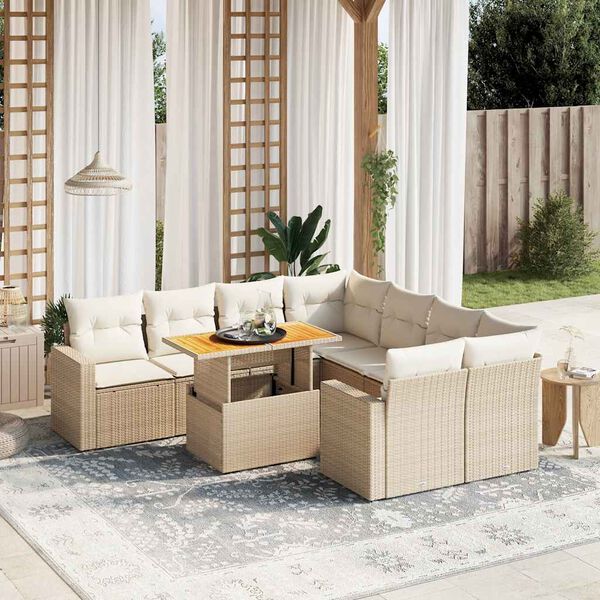 vidaXL Set de sof&aacute;s de jard&iacute;n 9 pzas con cojines rat&aacute;n sint&eacute;tico beige