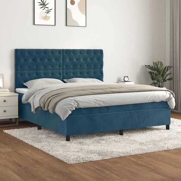 vidaXL Cama box spring con colch&oacute;n terciopelo azul oscuro 160x200 cm
