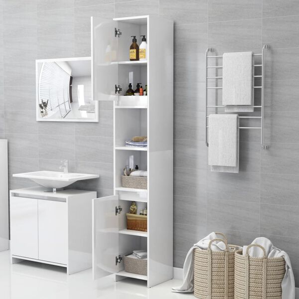 vidaXL Armario ba&ntilde;o madera contrachapada blanco brillo 30x30x183,5 cm