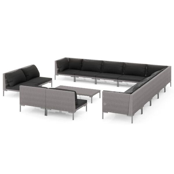 vidaXL Muebles de jard&iacute;n 14 pzas y cojines rat&aacute;n sint&eacute;tico gris oscuro