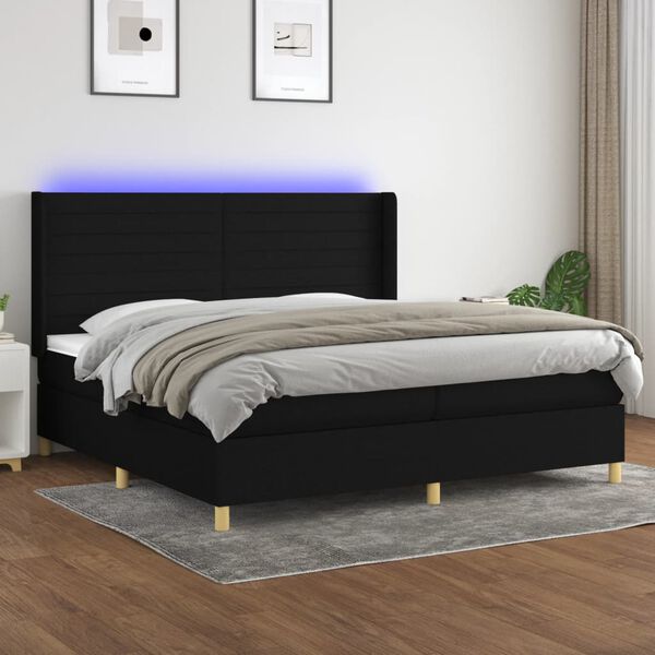 vidaXL Cama box spring colch&oacute;n y luces LED tela negro 200x200 cm