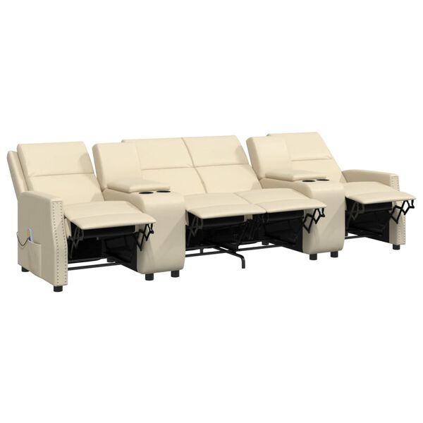 vidaXL Sill&oacute;n reclinable masaje 4 plazas y portavasos cuero PE crema