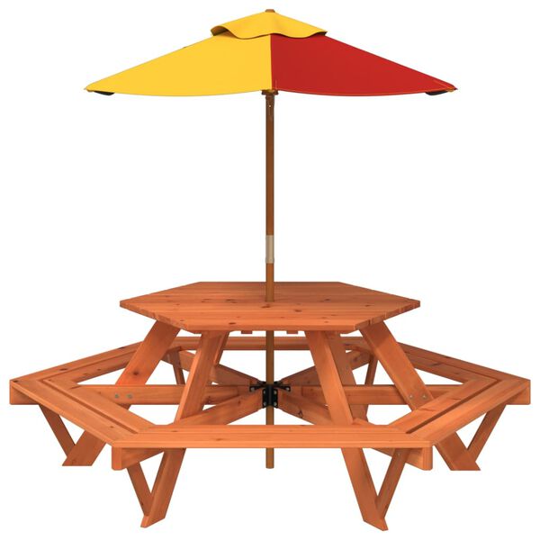 vidaXL Mesa de picnic hexagonal 6 ni&ntilde;os agujero sombrilla madera abeto