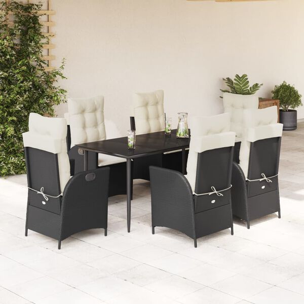 vidaXL Set de comedor de jard&iacute;n 7 pzas y cojines rat&aacute;n sint&eacute;tico negro