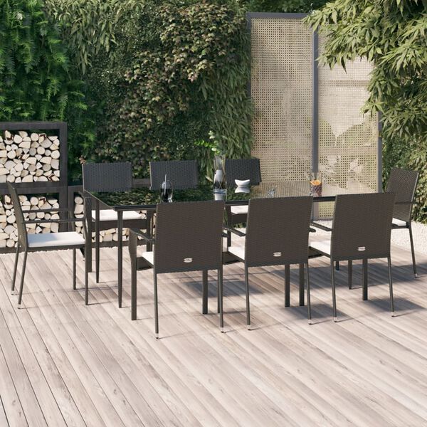 vidaXL Set de comedor de jard&iacute;n 9 pzas y cojines rat&aacute;n sint&eacute;tico negro