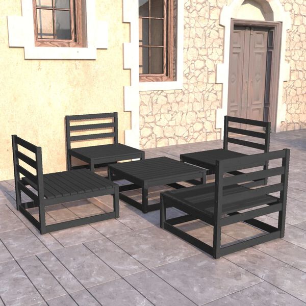 vidaXL Juego de muebles de jardín 5 pzas y cojines negro madera pino