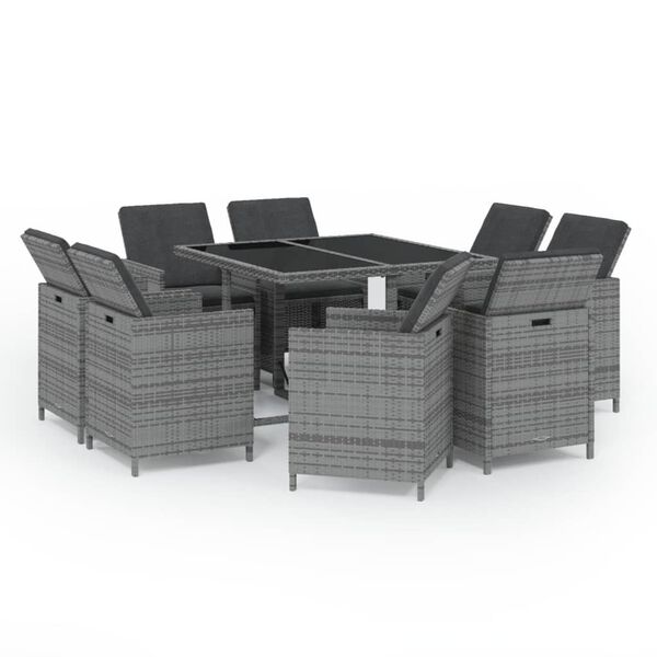 vidaXL Set comedor jardín 9 pzas y cojines ratán sintético gris