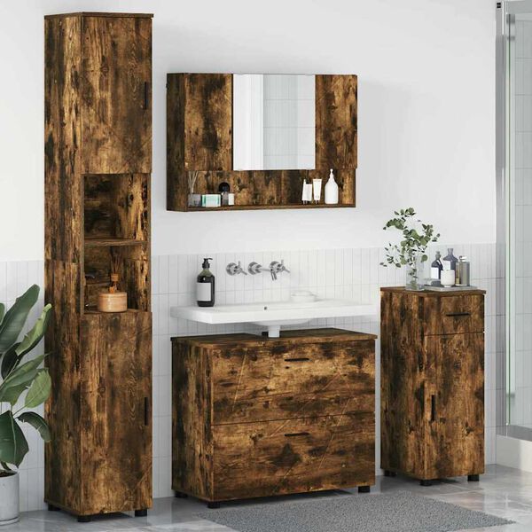 vidaXL Juego de muebles de ba&ntilde;o con caj&oacute;n 4 pcs Roble ahumado