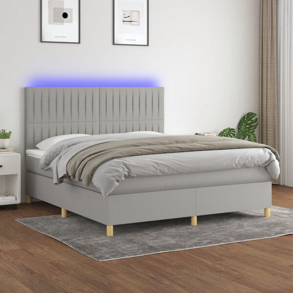 vidaXL Cama box spring colch&oacute;n y luces LED tela gris claro 180x200 cm