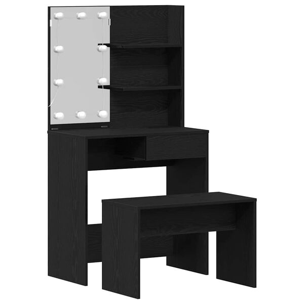 vidaXL Juego de mesa de tocador LED con caj&oacute;n 2 pcs Roble Negro
