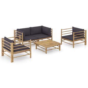vidaXL Set de muebles de jard&iacute;n 5 piezas bamb&uacute; con cojines gris oscuro