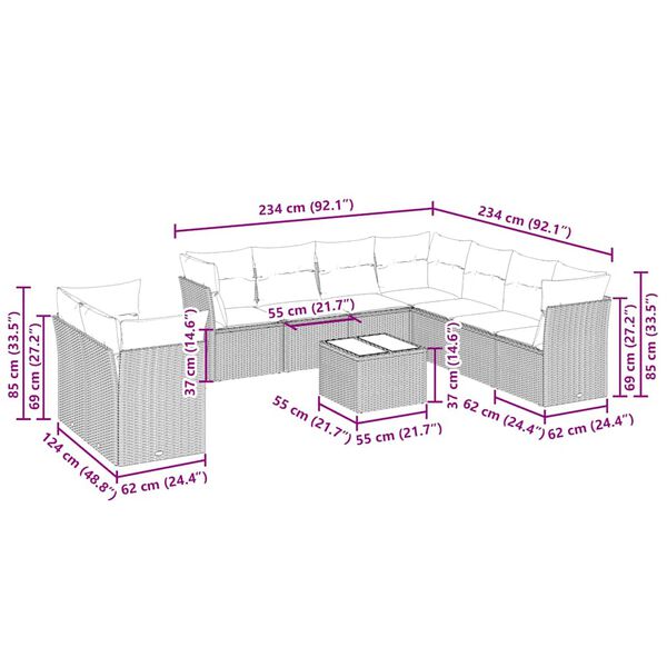 vidaXL Set sofás jardín 10 pzas con cojines ratán sintético gris claro