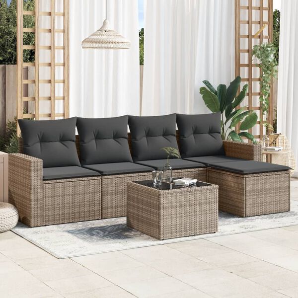 vidaXL Set de muebles de jard&iacute;n 6 pzas y cojines rat&aacute;n sint&eacute;tico gris