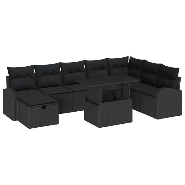 vidaXL Conjunto de sof&aacute; de jard&iacute;n con coj&iacute;n 9 pcs Negro Polirat&aacute;n