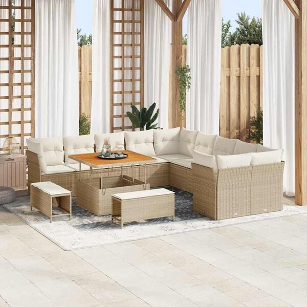 vidaXL Conjunto de sof&aacute; de jard&iacute;n 13 pcs Beige y Crema rat&aacute;n sint&eacute;tico