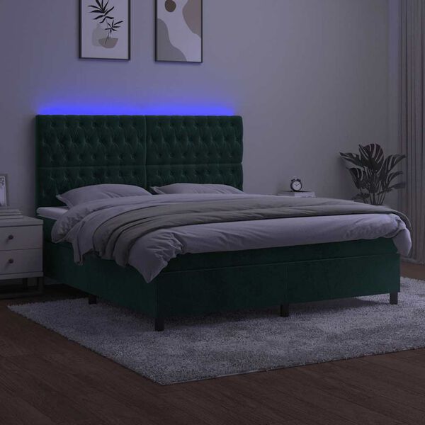 vidaXL Cama box spring colch&oacute;n y LED terciopelo verde oscuro 160x200cm