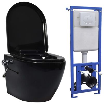 vidaXL Inodoro WC de pared sin bordes cisterna oculta cerámica negro