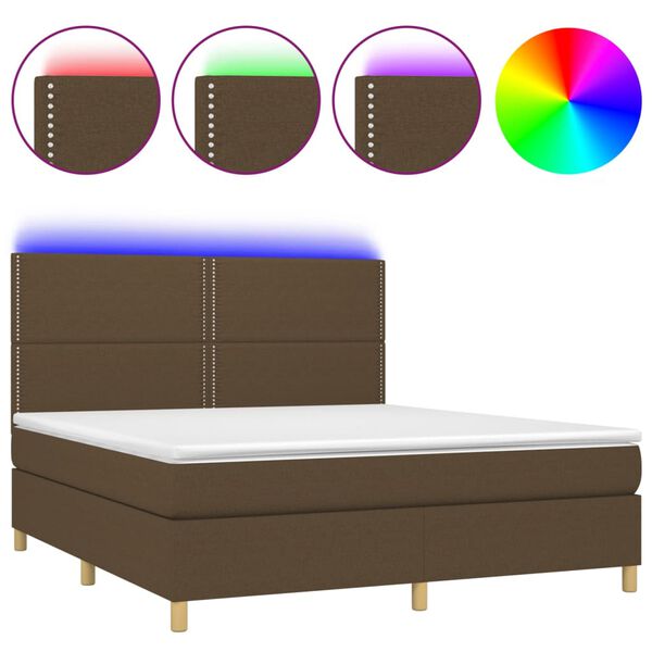 vidaXL Cama box spring colch&oacute;n luces LED tela marr&oacute;n oscuro 180x200cm