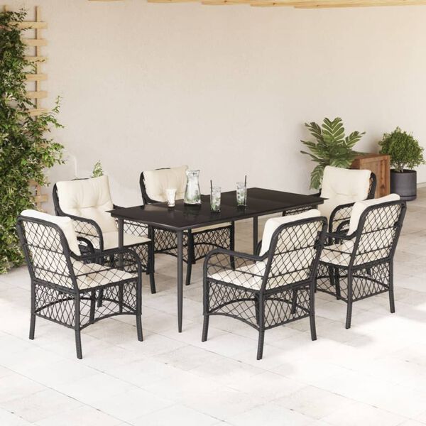 vidaXL Set de comedor de jard&iacute;n 7 pzas y cojines rat&aacute;n sint&eacute;tico negro