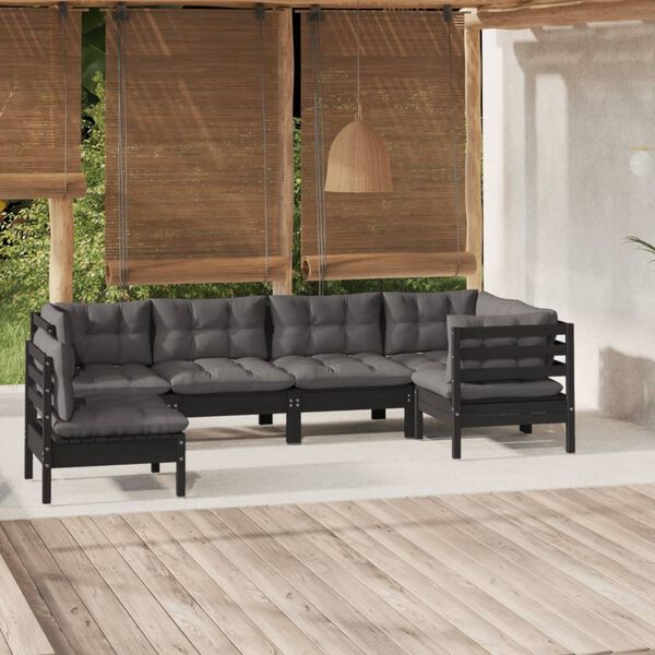 vidaXL Muebles de jard&iacute;n 6 pzas con cojines negro madera de pino