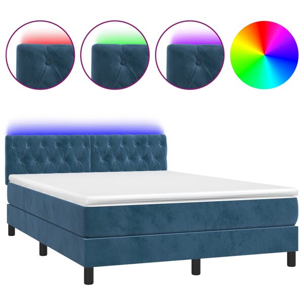vidaXL Cama box spring colch&oacute;n y LED terciopelo azul oscuro 140x200 cm