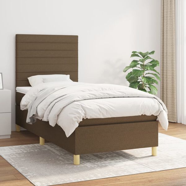 vidaXL Cama box spring con colch&oacute;n tela marr&oacute;n oscuro 90x190 cm