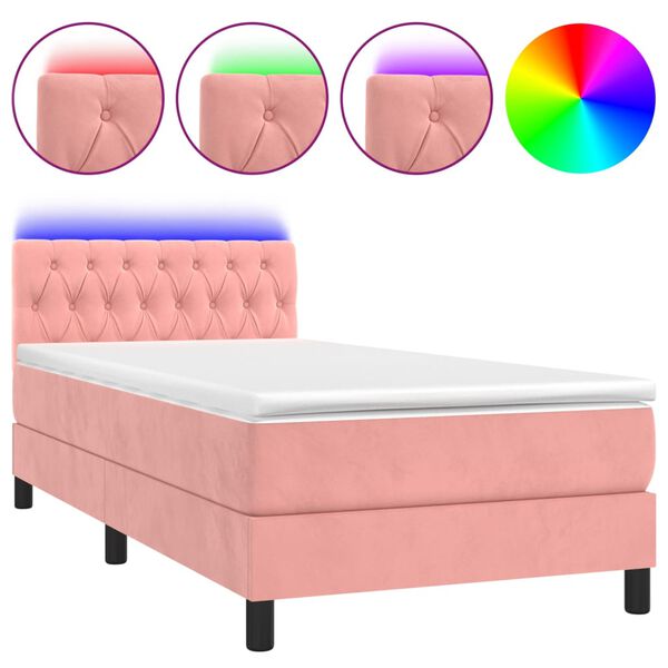 vidaXL Cama box spring colch&oacute;n y LED terciopelo rosa 90x190 cm
