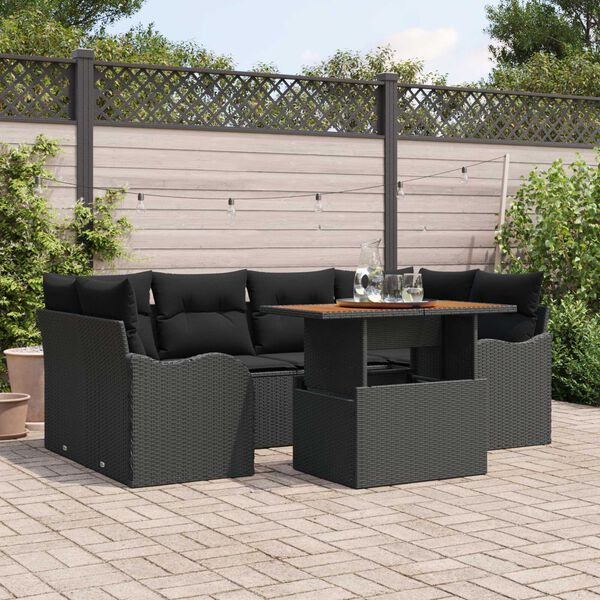 vidaXL Conjunto de sof&aacute; de jard&iacute;n 7 pcs Negro Polirat&aacute;n