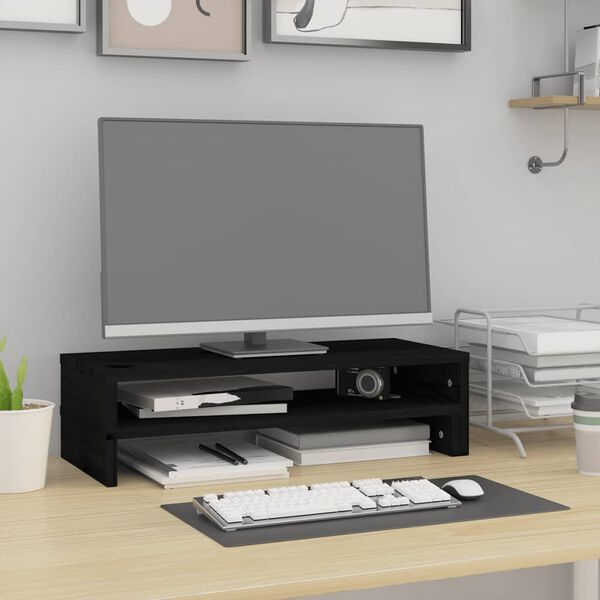 vidaXL Soporte para monitor madera maciza pino negro (52-101)x22x14 cm