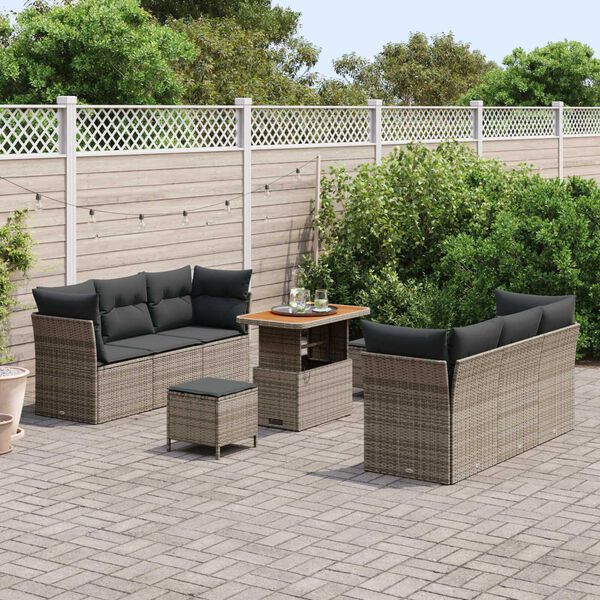 vidaXL Conjunto de sof&aacute; de jard&iacute;n 9 pcs Gris rat&aacute;n sint&eacute;tico