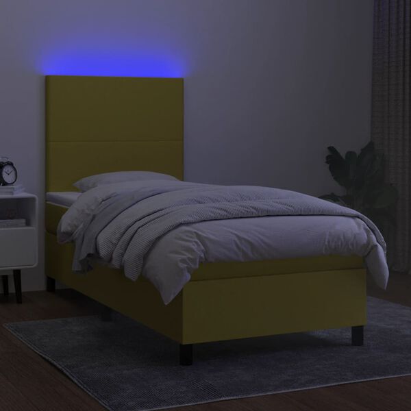vidaXL Cama box spring colch&oacute;n y luces LED tela verde 90x200 cm