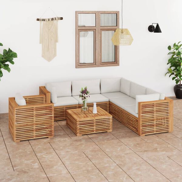 vidaXL Muebles de jard&iacute;n 7 pzas con cojines crema madera maciza teca
