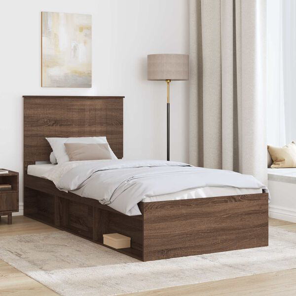 vidaXL Estructura de cama con cabecera Roble Marr&oacute;n 90 x 190 cm
