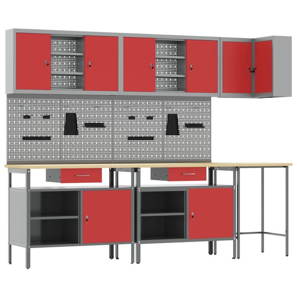 vidaXL Conjunto de armarios de trabajo con caj&oacute;n 10 pcs Rojo y Gris