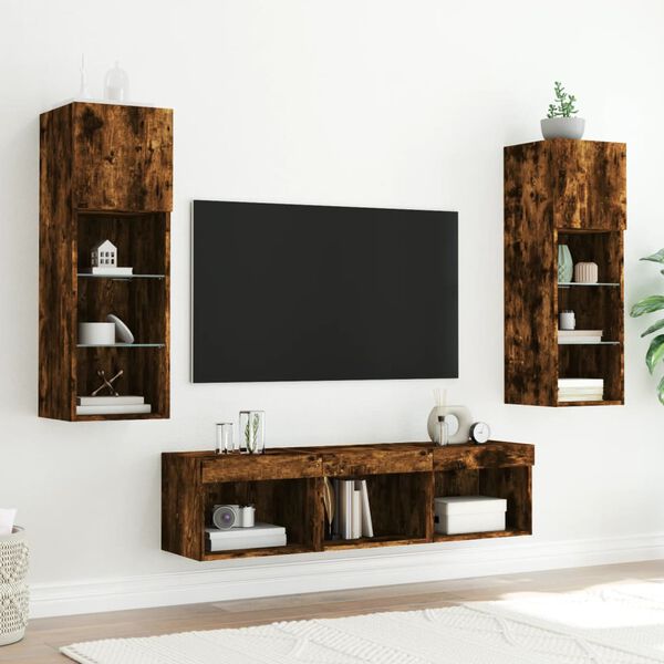 vidaXL Muebles TV pared con LED 5 pzas madera ingenier&iacute;a roble ahumado