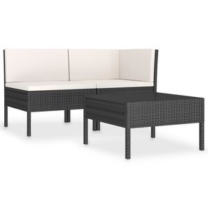 vidaXL Set de muebles de jard&iacute;n 3 pzas y cojines rat&aacute;n sint&eacute;tico negro