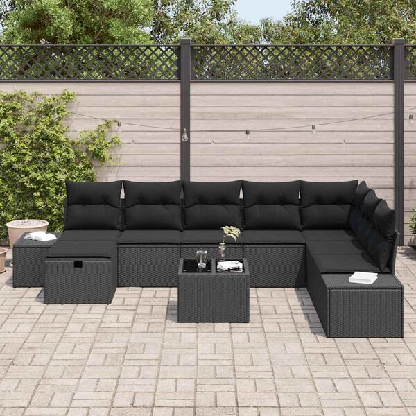 vidaXL Conjunto de sof&aacute; de jard&iacute;n 9 pcs Negro rat&aacute;n sint&eacute;tico