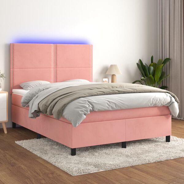 vidaXL Cama box spring colchón y LED terciopelo rosa 140x200 cm