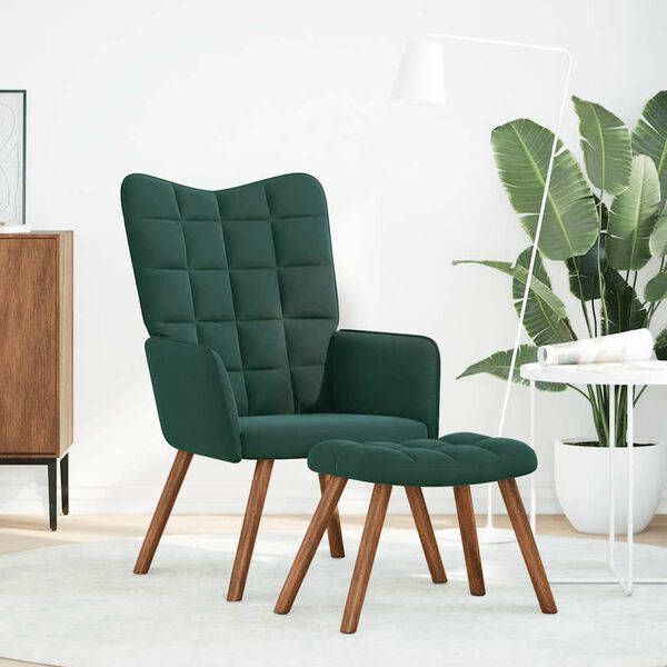 vidaXL Sillón relajante con taburete de terciopelo verde oscuro