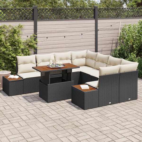 vidaXL Conjunto de Comedor de Jard&iacute;n con coj&iacute;n 9 pcs Negro y Beige