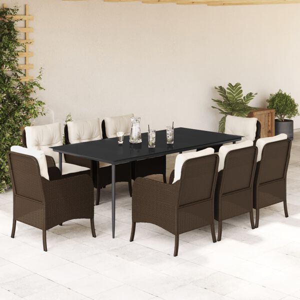 vidaXL Set comedor para jard&iacute;n 9 pzas y cojines rat&aacute;n sint&eacute;tico marr&oacute;n