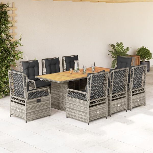 vidaXL Set comedor jard&iacute;n 9 pzas y cojines rat&aacute;n sint&eacute;tico gris