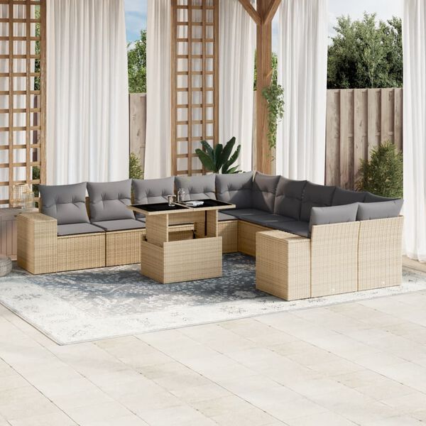 vidaXL Set de sof&aacute;s de jard&iacute;n 11pzas con cojines rat&aacute;n sint&eacute;tico beige