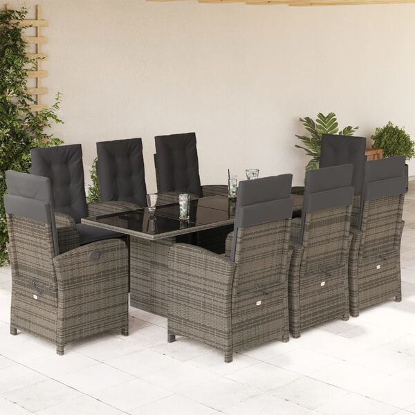 vidaXL Set comedor jard&iacute;n 9 pzas y cojines rat&aacute;n sint&eacute;tico gris